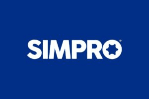 A blue background with white letters that say simpro.