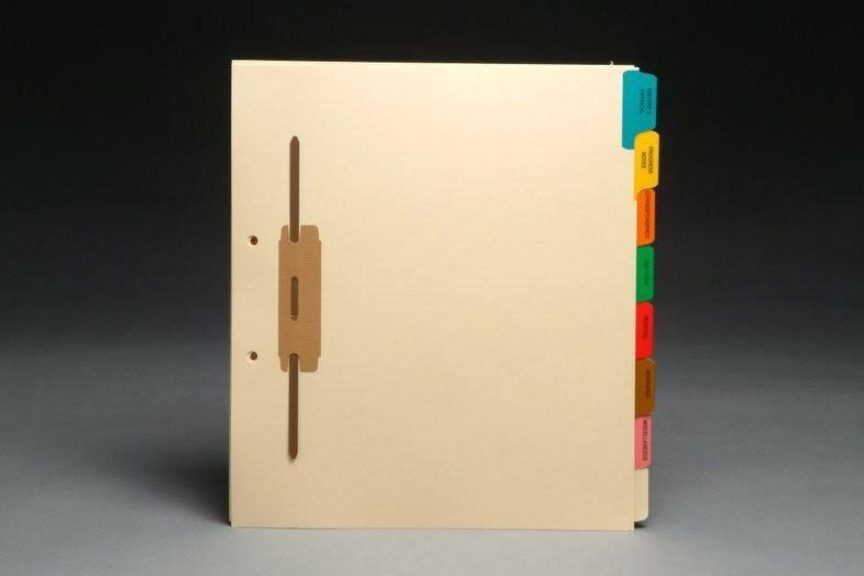 A binder with dividers and a wooden handle.